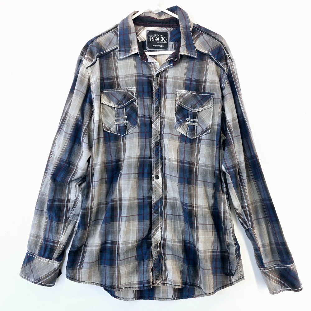 Buckle Black‎ Plaid Shirt Men's XL Athletic Fit Long Sleeve Western Style Snaps